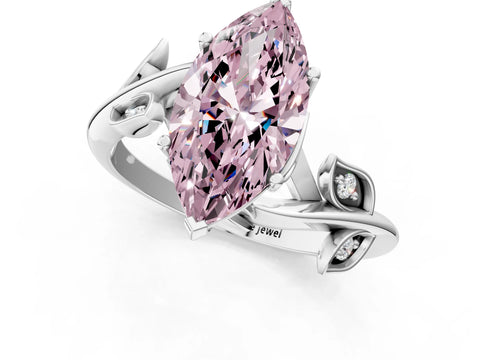 White gold Fancy Pink Marquise Cut Solitaire Twist Engagement Ring with Leaf Accents and Prong Setting_1