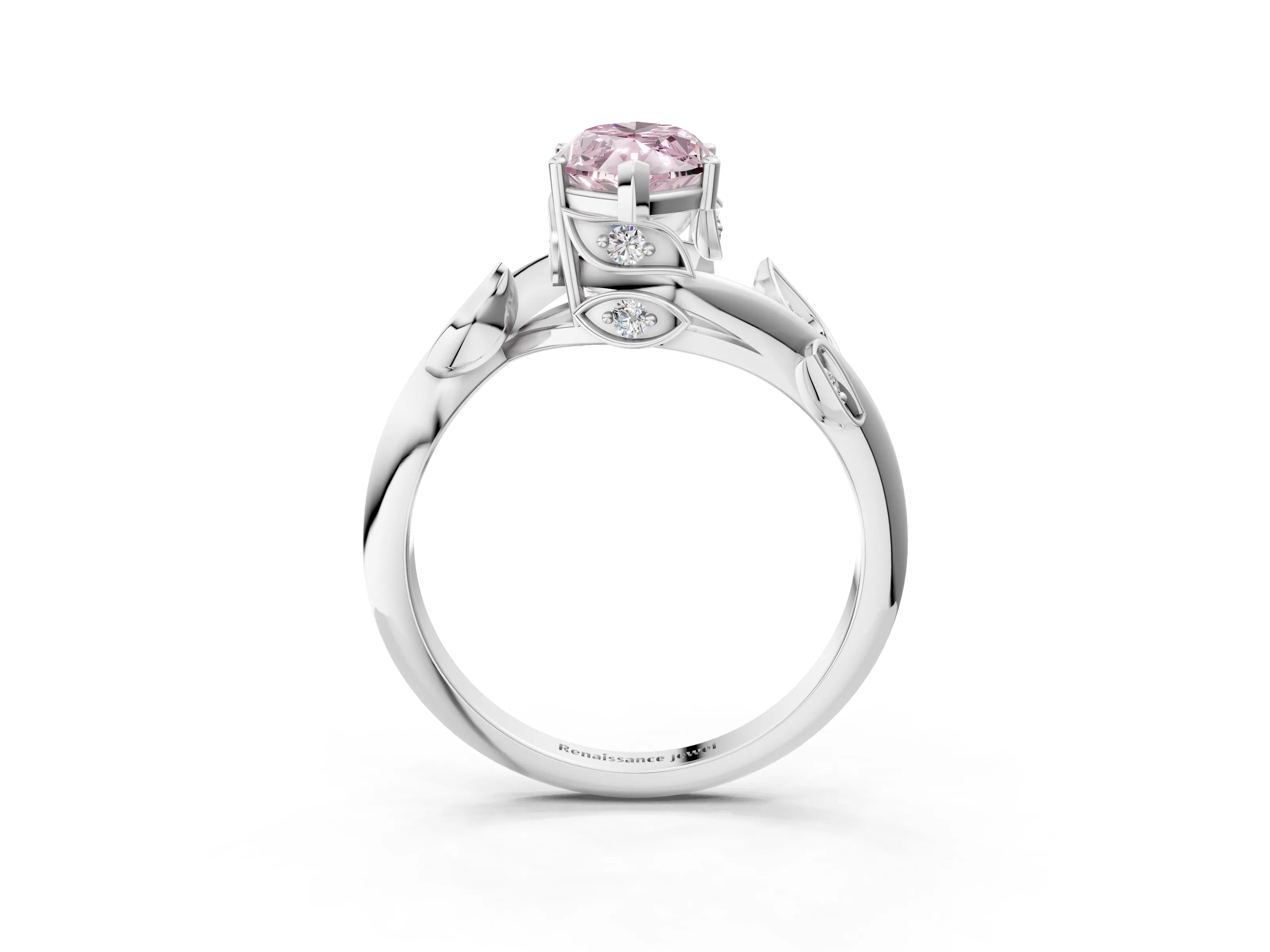 White gold Fancy Pink Marquise Cut Solitaire Twist Engagement Ring with Leaf Accents and Prong Setting_21