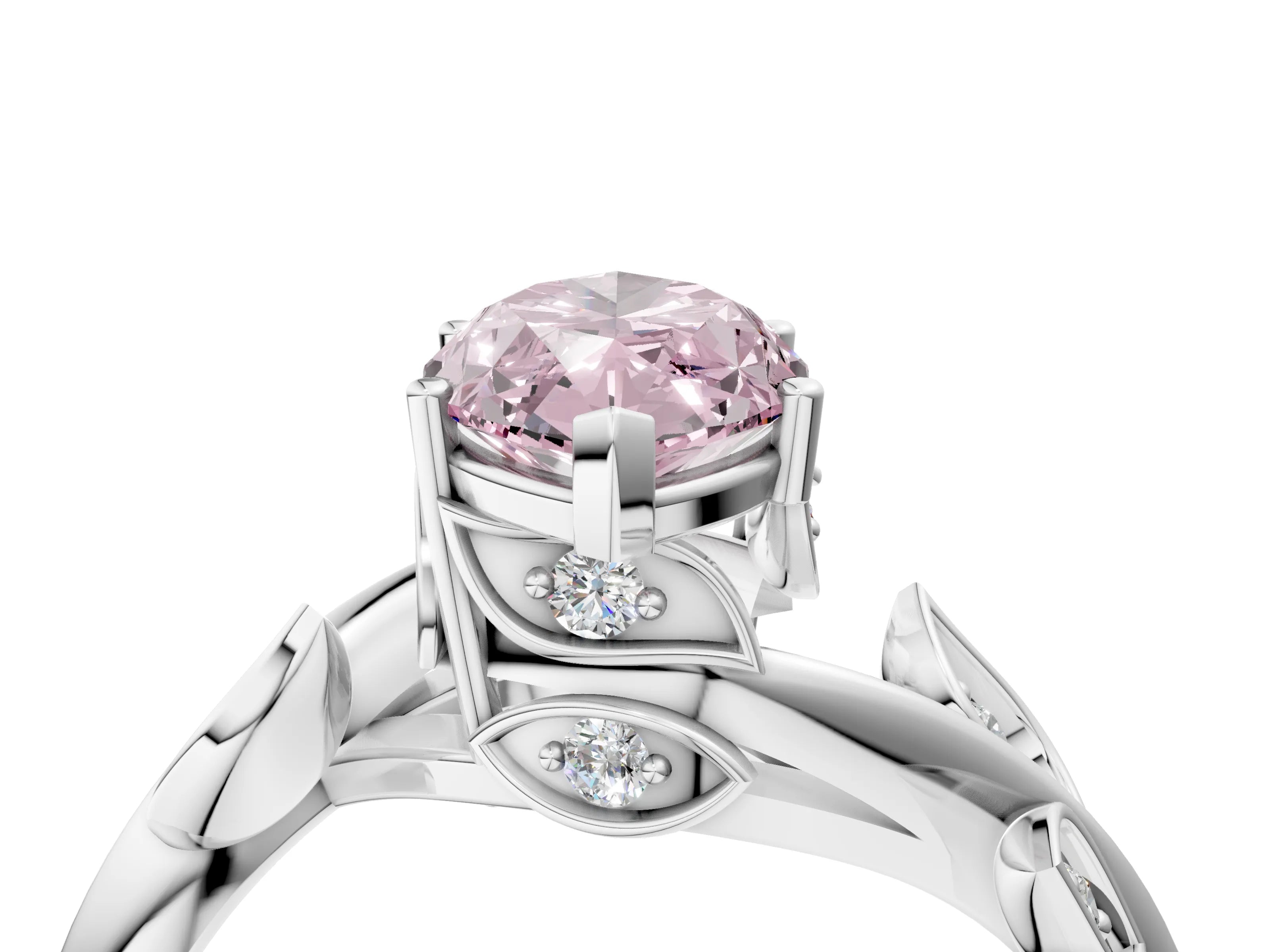 White gold Fancy Pink Marquise Cut Solitaire Twist Engagement Ring with Leaf Accents and Prong Setting_22
