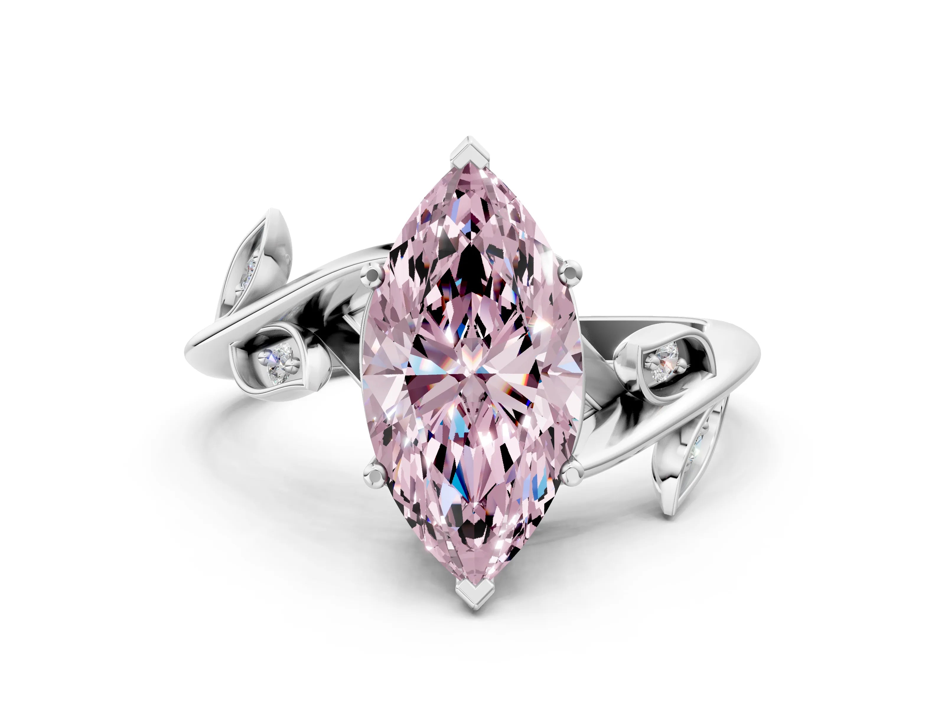 White gold Fancy Pink Marquise Cut Solitaire Twist Engagement Ring with Leaf Accents and Prong Setting