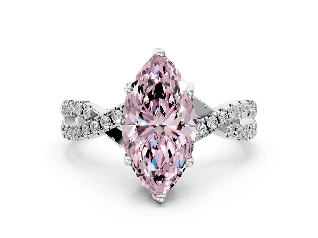 White gold Fancy Pink Marquise Cut Solitaire Twist Pave Diamond Engagement Ring with Prong Setting