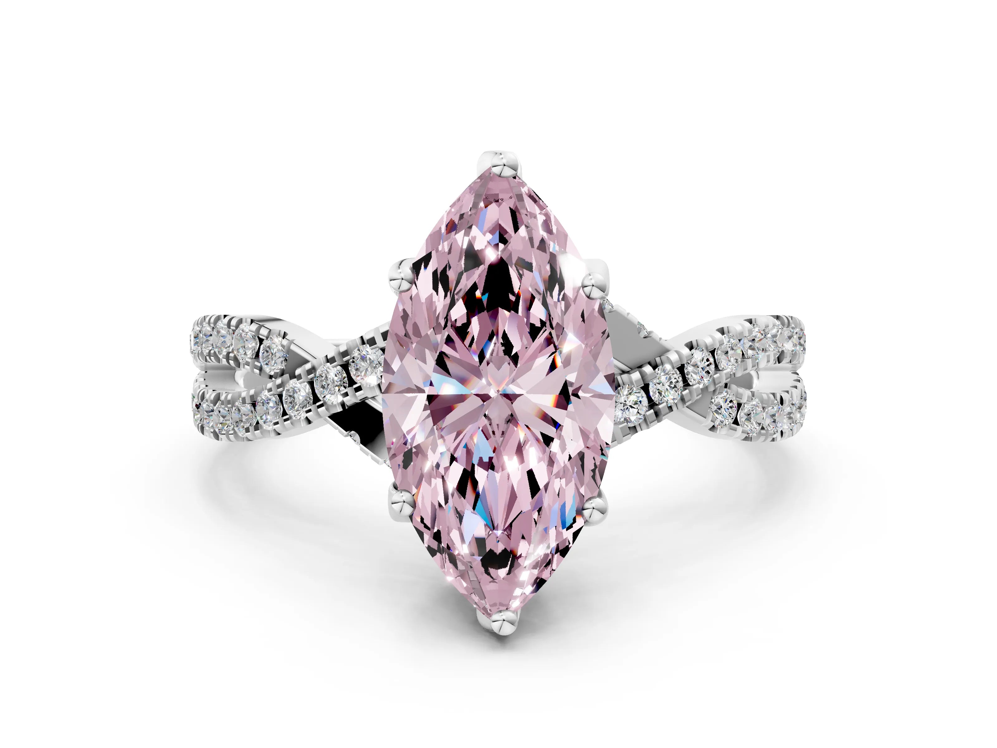 White gold Fancy Pink Marquise Cut Solitaire Twist Pave Diamond Engagement Ring with Prong Setting