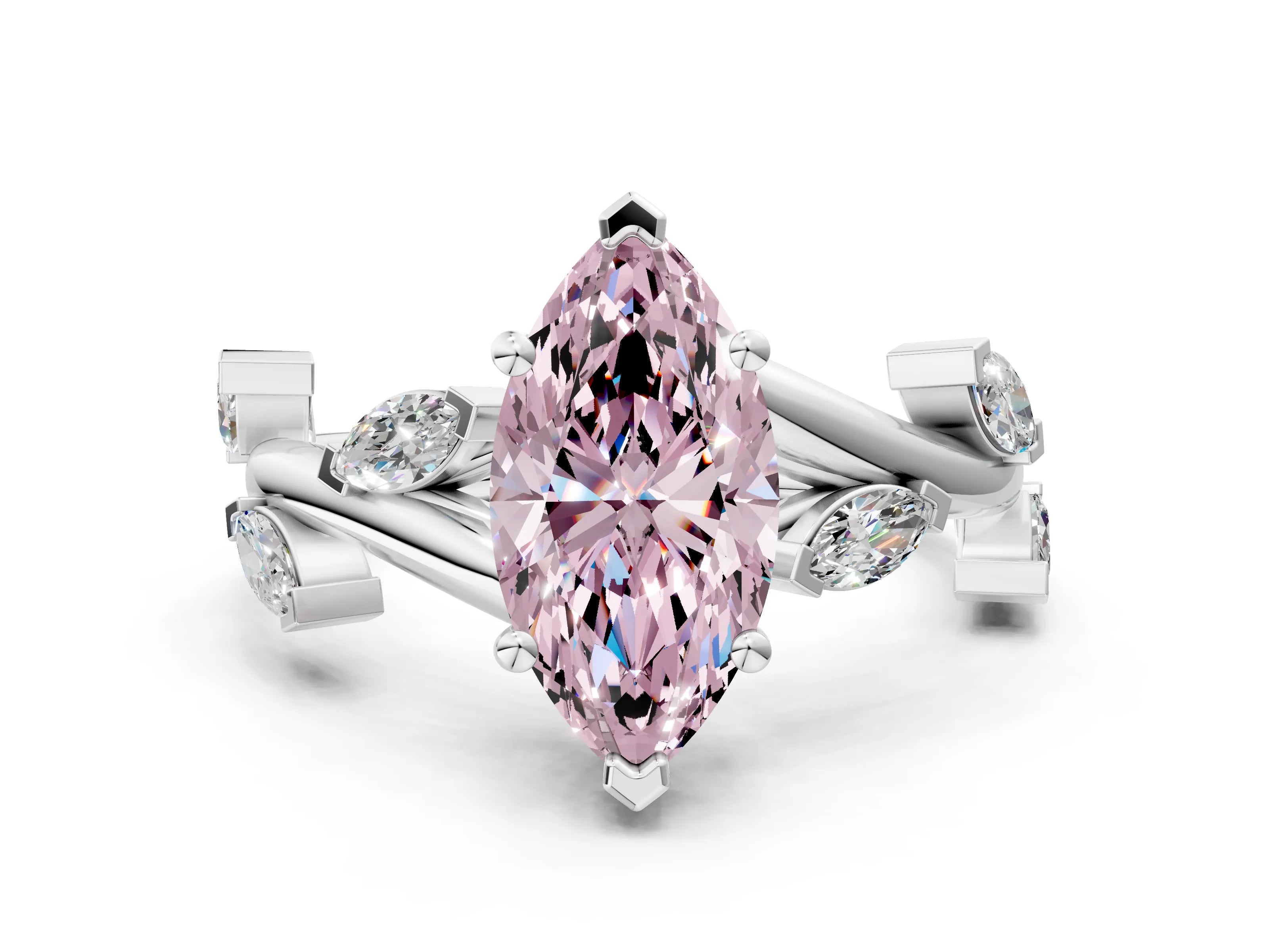 White gold Fancy Pink Marquise Cut Solitaire Twisted Band Marquise Accent Prong Setting Ring