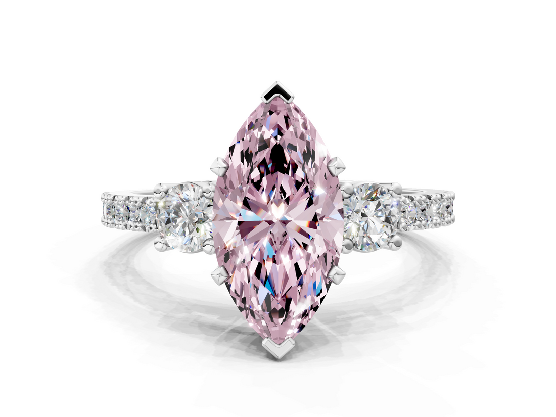 White gold Fancy Pink Marquise  Cut Three-Stone Diamond Pavé Band with Prong Setting_17