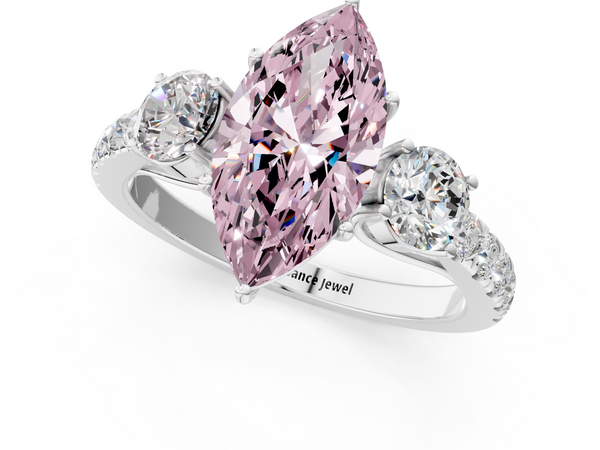 White gold Fancy Pink Marquise  Cut Diamond Three-Stone Ring with Round Side Stones and Pavé Band