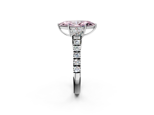 White gold Fancy Pink Marquise  Cut Diamond Three-Stone Ring with Round Side Stones and Pavé Band