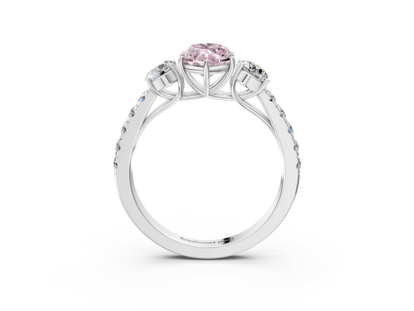 White gold Fancy Pink Marquise  Cut Diamond Three-Stone Ring with Round Side Stones and Pavé Band
