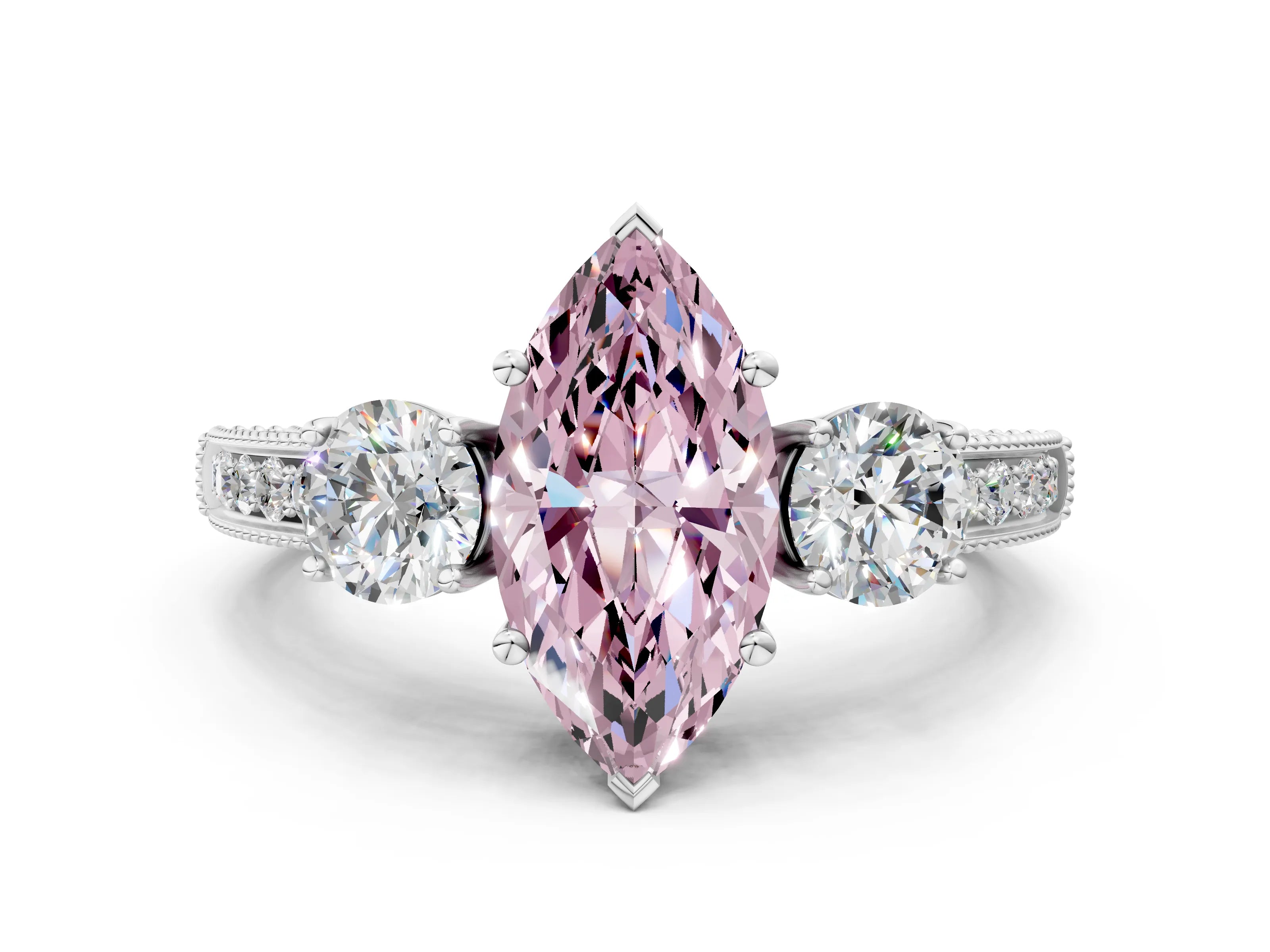 White gold Fancy Pink Marquise Cut Three-Stone Diamond Ring with Pavé Band and Four-Prong Setting_12
