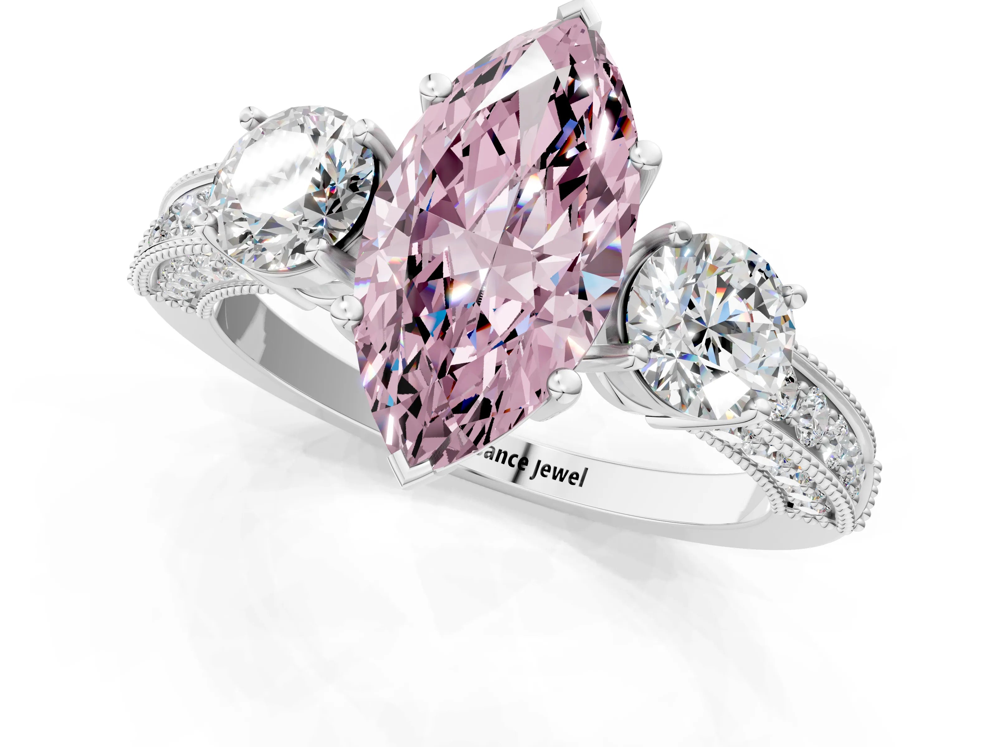 White gold Fancy Pink Marquise Cut Three-Stone Diamond Ring with Pavé Band and Four-Prong Setting_13