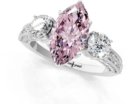 White gold Fancy Pink Marquise Cut Three-Stone Diamond Ring with Pavé Band and Four-Prong Setting_13
