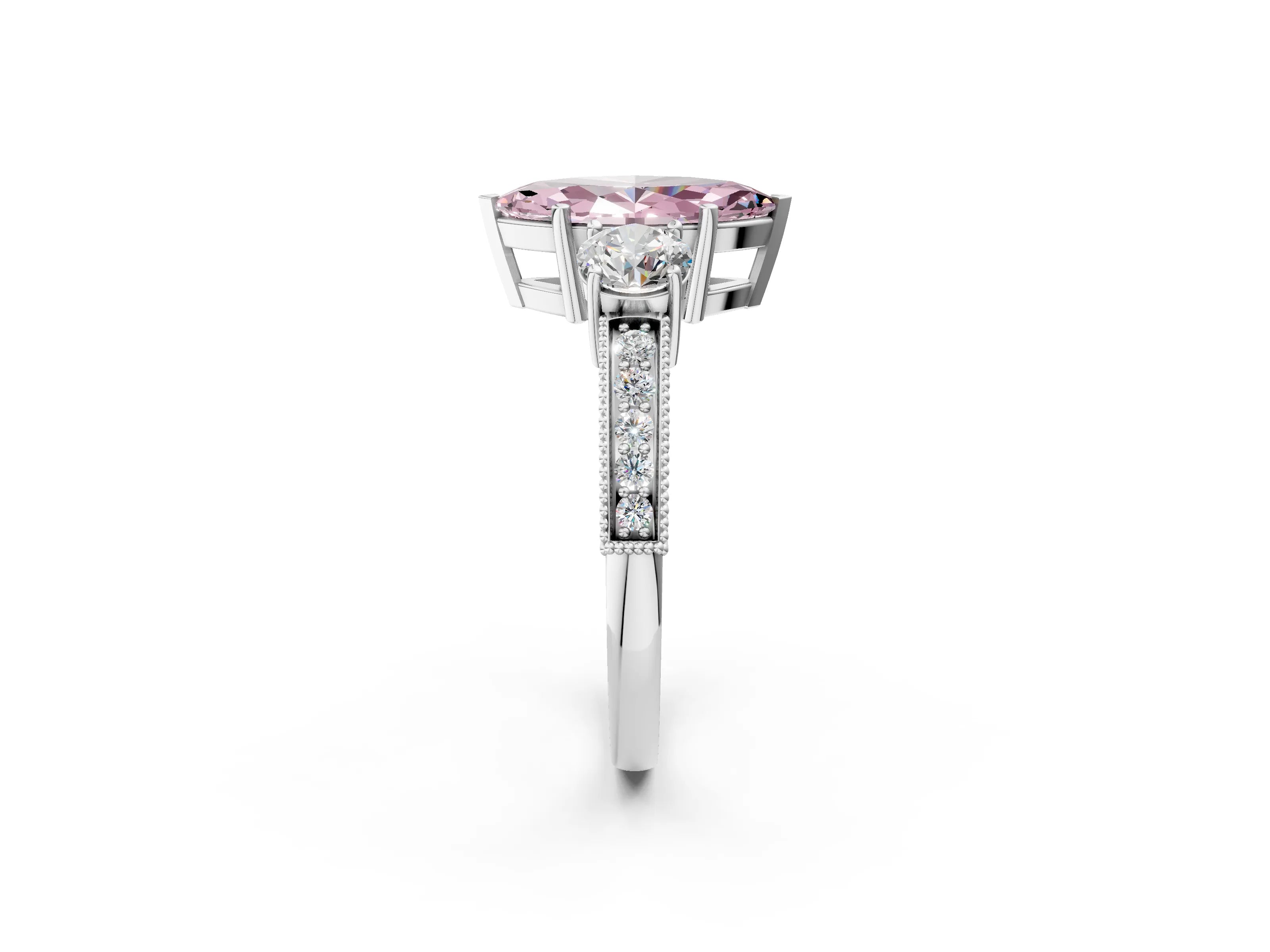 White gold Fancy Pink Marquise Cut Three-Stone Diamond Ring with Pavé Band and Four-Prong Setting_14