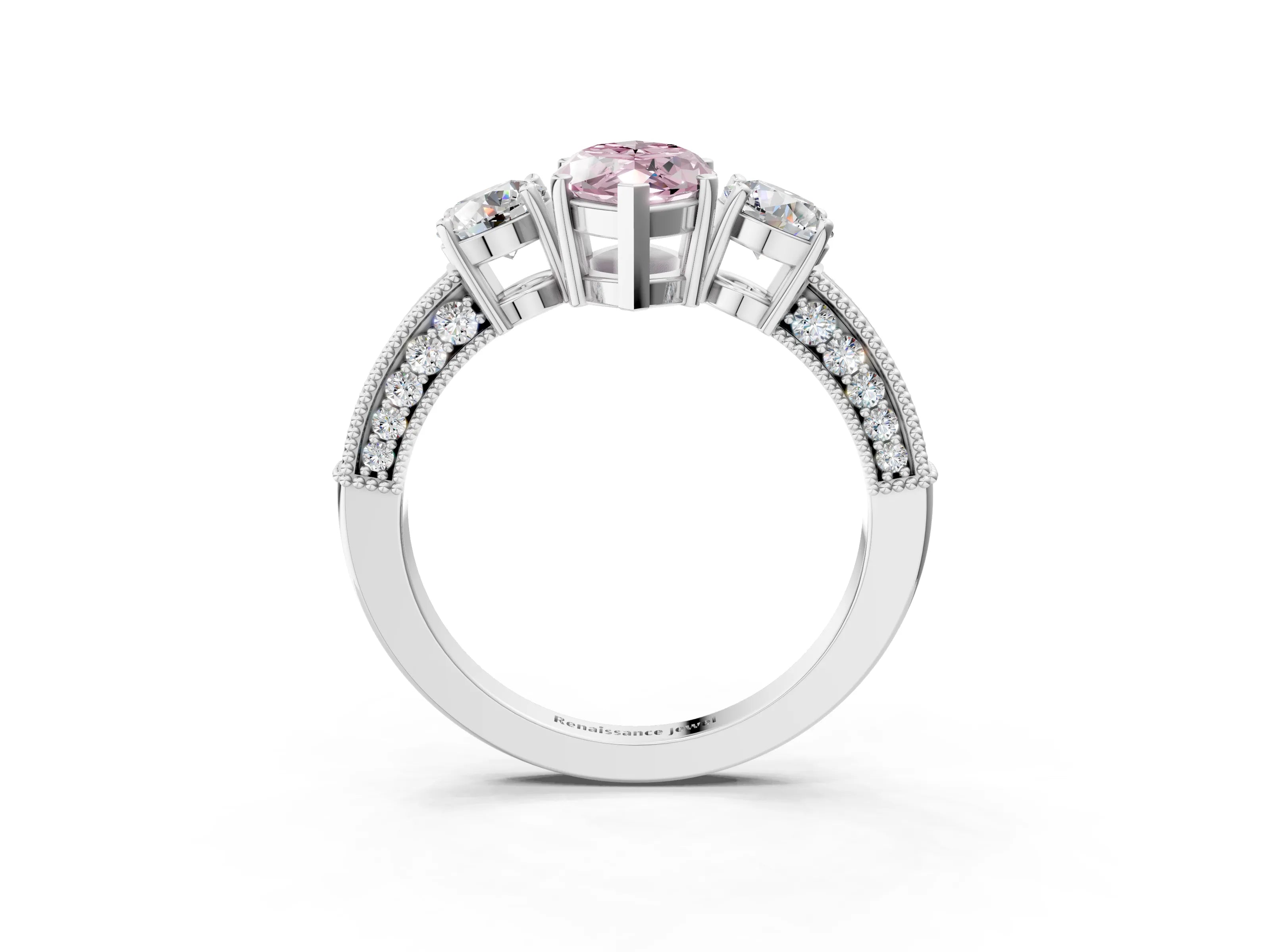 White gold Fancy Pink Marquise Cut Three-Stone Diamond Ring with Pavé Band and Four-Prong Setting_15