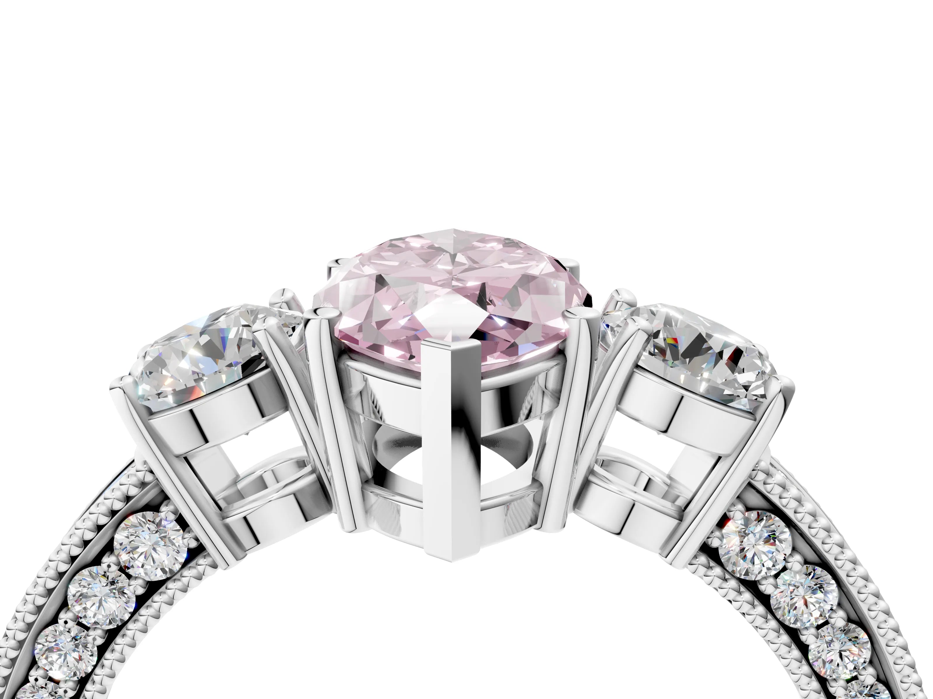 White gold Fancy Pink Marquise Cut Three-Stone Diamond Ring with Pavé Band and Four-Prong Setting_16