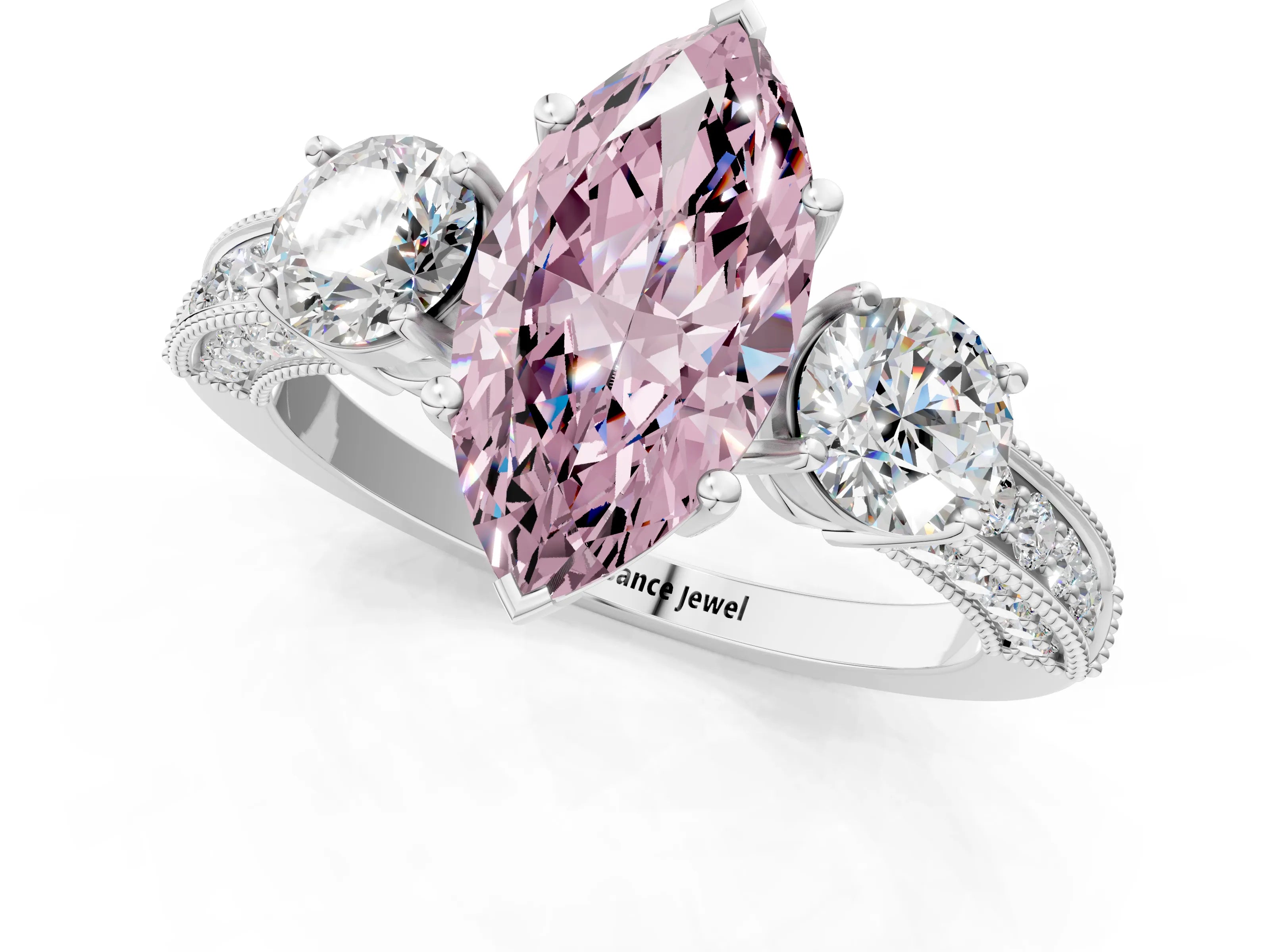 White gold Fancy Pink Marquise Cut Three-Stone Diamond Ring with Pavé Band and Four-Prong Setting_1