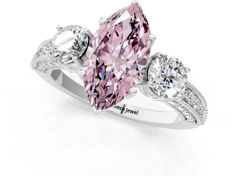 White gold Fancy Pink Marquise Cut Three-Stone Diamond Ring with Pavé Band and Four-Prong Setting_1