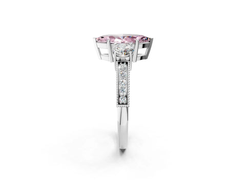 White gold Fancy Pink Marquise Cut Three-Stone Diamond Ring with Pavé Band and Four-Prong Setting_2