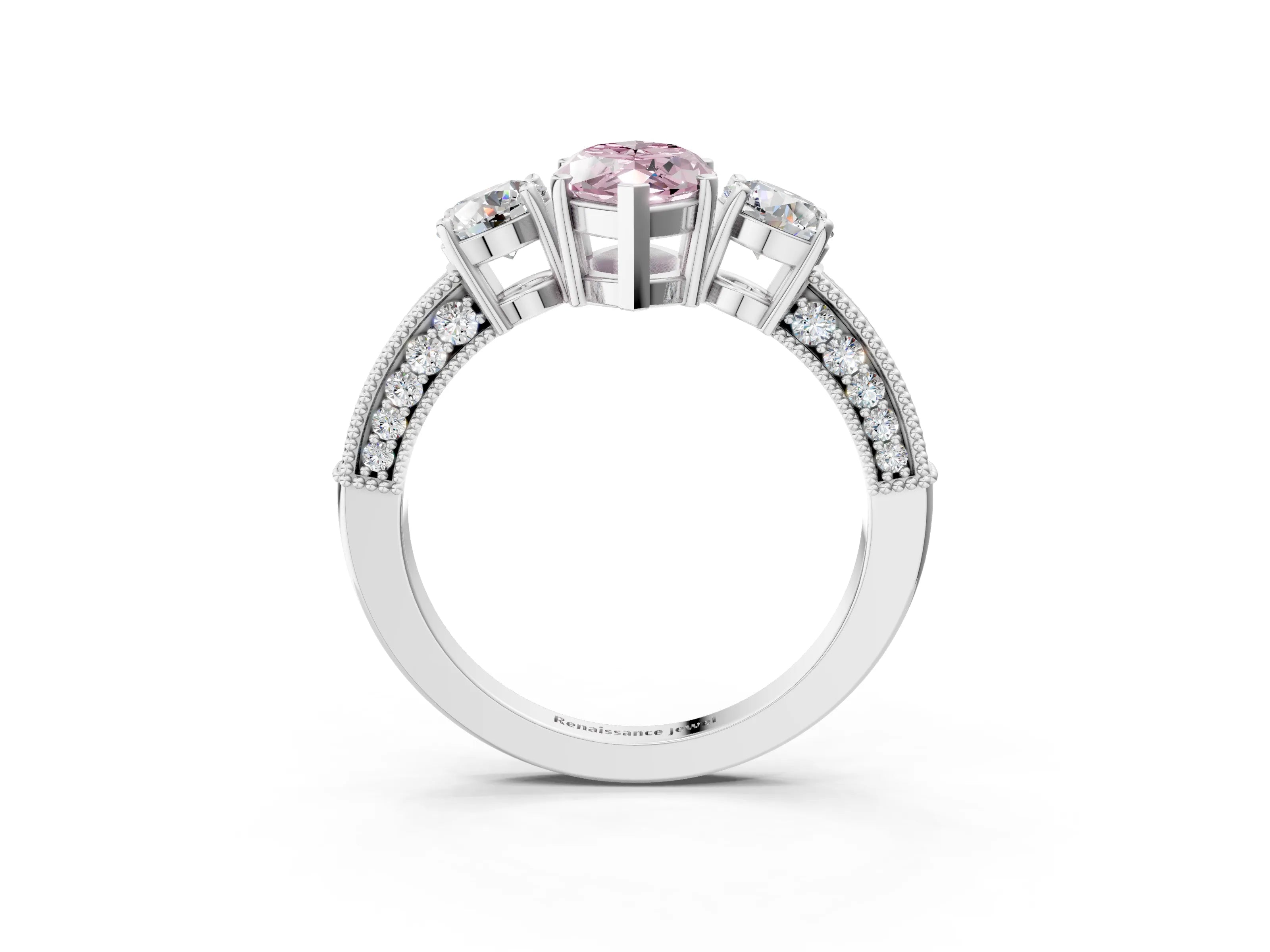 White gold Fancy Pink Marquise Cut Three-Stone Diamond Ring with Pavé Band and Four-Prong Setting_3