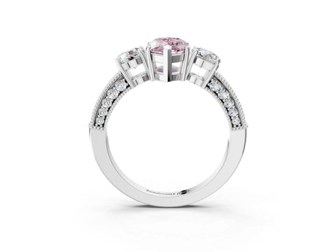 White gold Fancy Pink Marquise Cut Three-Stone Diamond Ring with Pavé Band and Four-Prong Setting_3