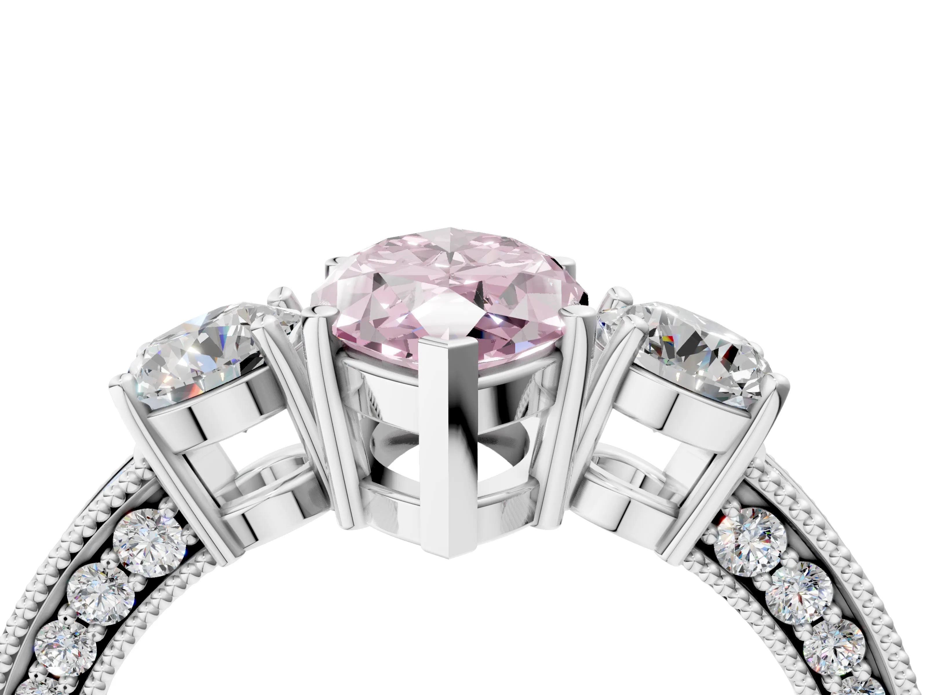 White gold Fancy Pink Marquise Cut Three-Stone Diamond Ring with Pavé Band and Four-Prong Setting_4