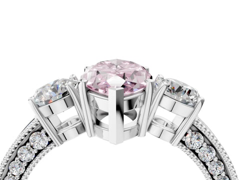 White gold Fancy Pink Marquise Cut Three-Stone Diamond Ring with Pavé Band and Four-Prong Setting_4