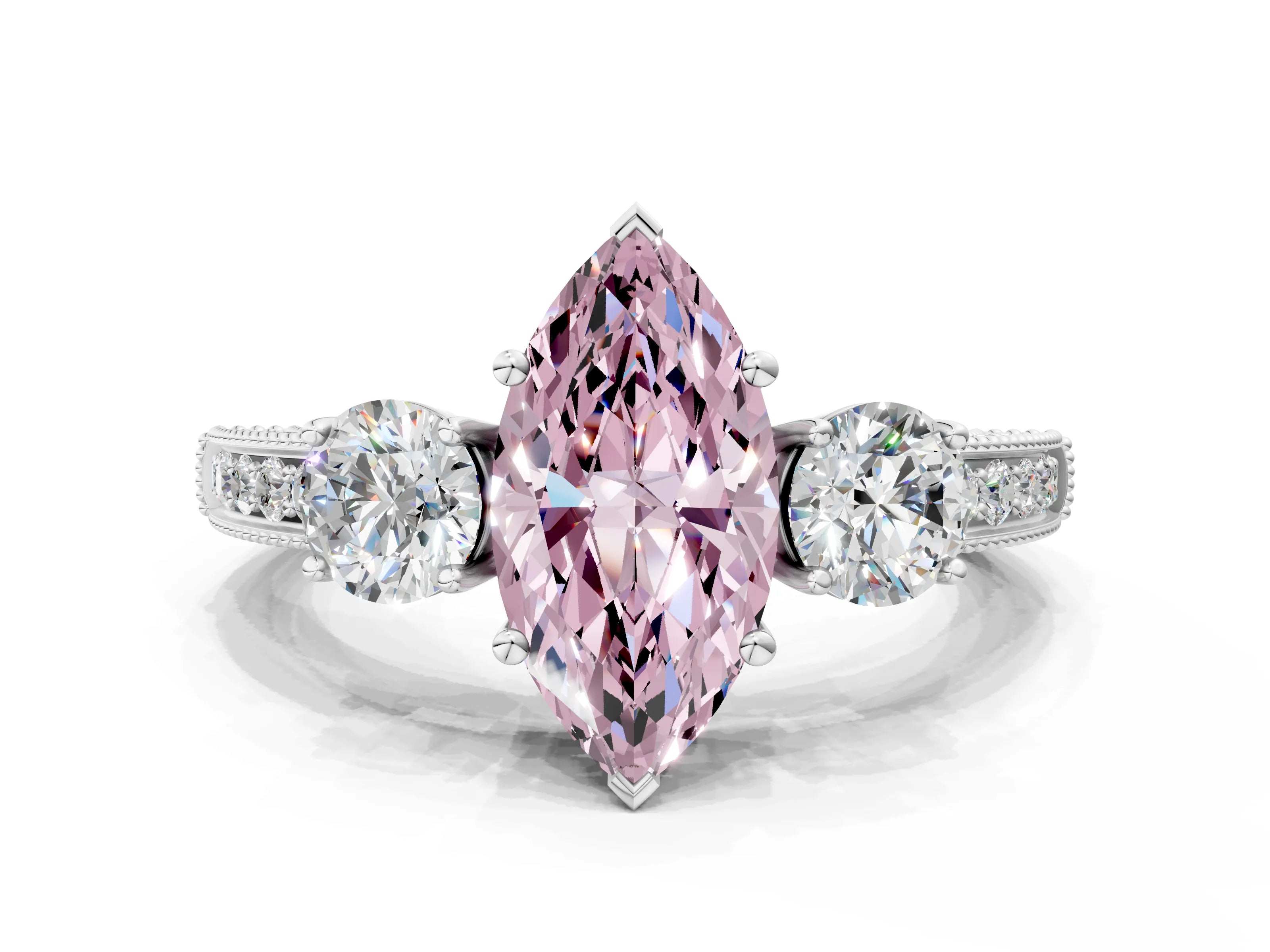 White gold Fancy Pink Marquise Cut Three-Stone Diamond Ring with Pavé Band and Four-Prong Setting