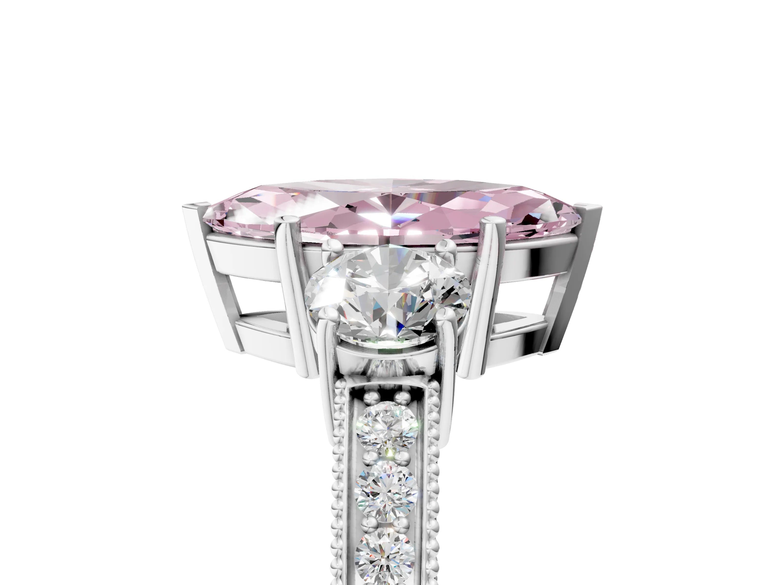 White gold Fancy Pink Marquise Cut Three-Stone Diamond Ring with Pavé Band and Four-Prong Setting_5