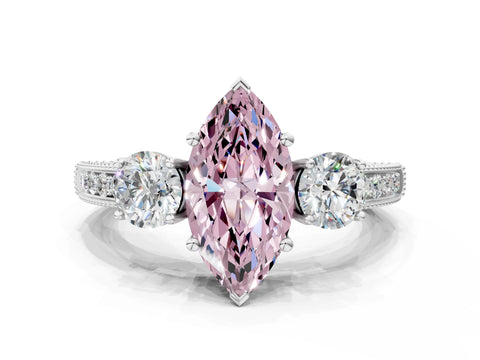 White gold Fancy Pink Marquise Cut Three-Stone Diamond Ring with Pavé Band and Four-Prong Setting