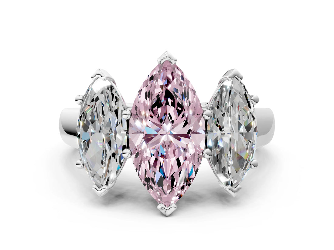 White gold Fancy Pink Marquise Cut Three-Stone Diamond Ring with Prong Setting on a Classic Band_12