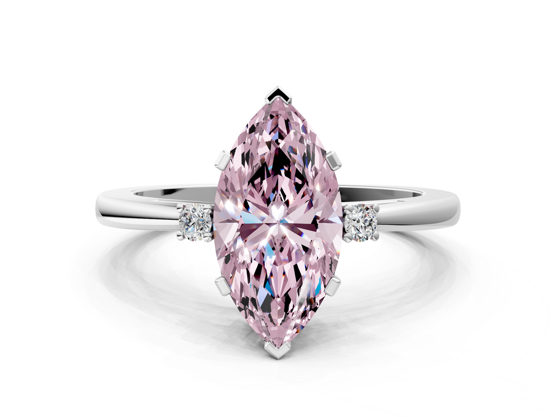 White gold Fancy Pink Marquise  Cut Three-Stone Solitaire Ring with Round Accent Diamonds and Four-Prong Setting_20