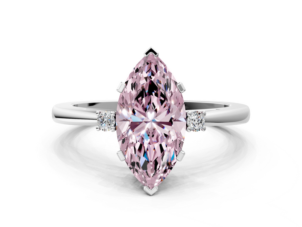 White gold Fancy Pink Marquise  Cut Three-Stone Solitaire Ring with Round Accent Diamonds and Four-Prong Setting