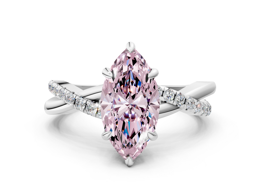 White gold Fancy Pink Marquise  Cut Twist Band Solitaire Diamond Ring with Pavé Setting_3