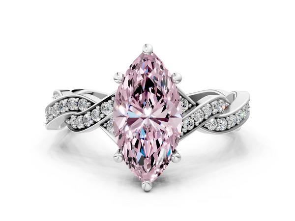 White gold Fancy Pink Marquise  Cut Twisted Pavé Band Solitaire Ring with Four-Prong Setting
