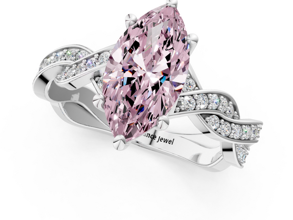 White gold Fancy Pink Marquise  Cut Twisted Pavé Band Solitaire Ring with Four-Prong Setting