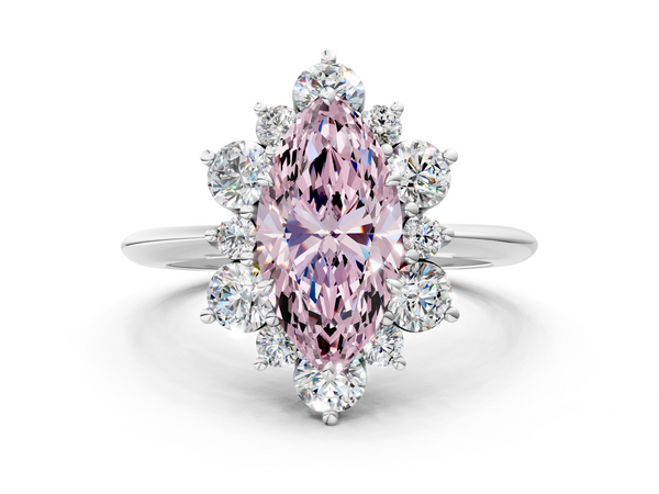 White gold Fancy Pink Marquise  Diamond Cluster Halo Ring with Solitaire Band and Four-Prong Setting