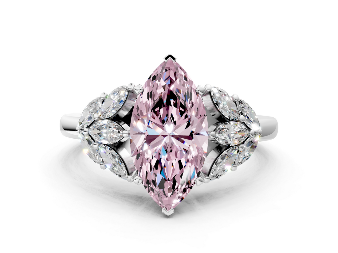 White gold Fancy Pink Marquise  Diamond Cluster Leaf Design Ring with Prong Setting_71