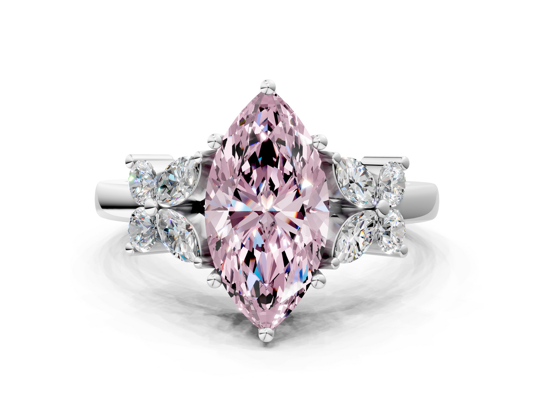 White gold Fancy Pink Marquise  Diamond Floral Cluster Ring with Solitaire Band and Prong Setting_43