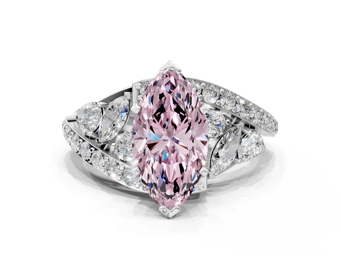 White gold Fancy Pink Marquise  Diamond Halo Ring with Marquise and Pavé Band in Prong Setting_85