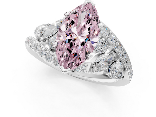 White gold Fancy Pink Marquise  Diamond Halo Ring with Marquise and Pavé Band in Prong Setting