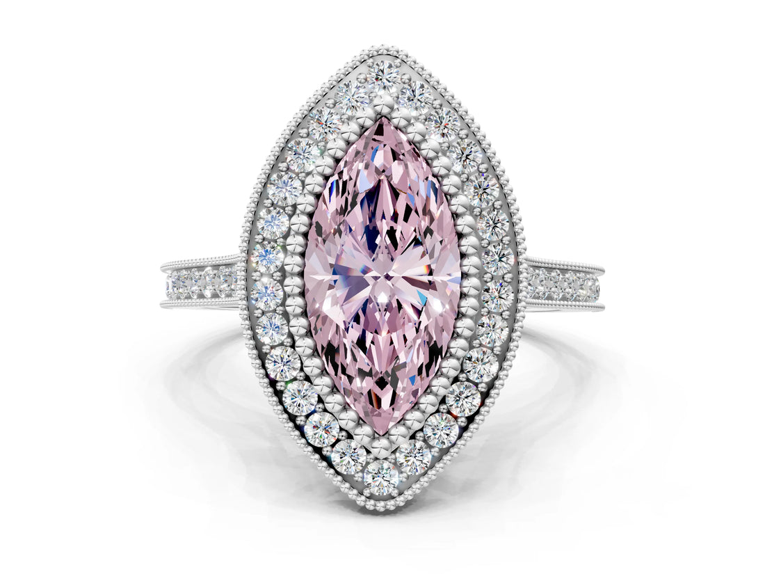 White gold Fancy Pink Marquise  Diamond Halo Ring with Milgrain Frame and Pavé Band_73