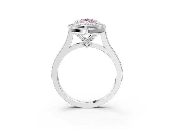 White gold Fancy Pink Marquise  Diamond Halo Ring with Milgrain Frame and Pavé Band