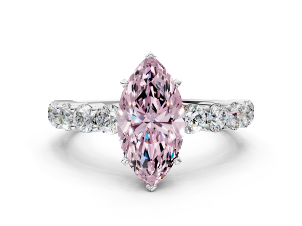White gold Fancy Pink Marquise  Diamond Solitaire Ring with Shared Prong Round Side Stones