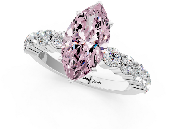 White gold Fancy Pink Marquise  Diamond Solitaire Ring with Shared Prong Round Side Stones