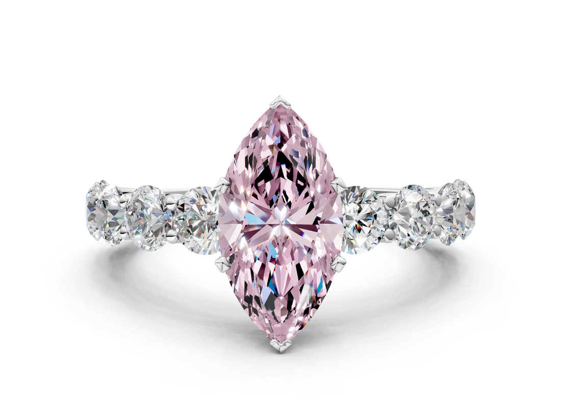 White gold Fancy Pink Marquise  Diamond Prong Setting with Side Stones on a Pave Band_121