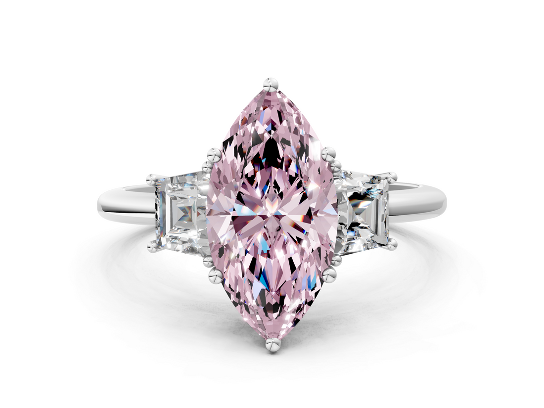 White gold Fancy Pink Marquise  Diamond Three-Stone Ring with Trapezoid Side Stones and Prong Setting_17