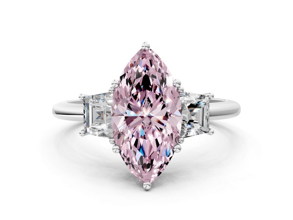 White gold Fancy Pink Marquise  Diamond Three-Stone Ring with Trapezoid Side Stones and Prong Setting