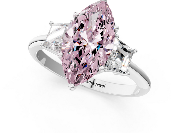 White gold Fancy Pink Marquise  Diamond Three-Stone Ring with Trapezoid Side Stones and Prong Setting