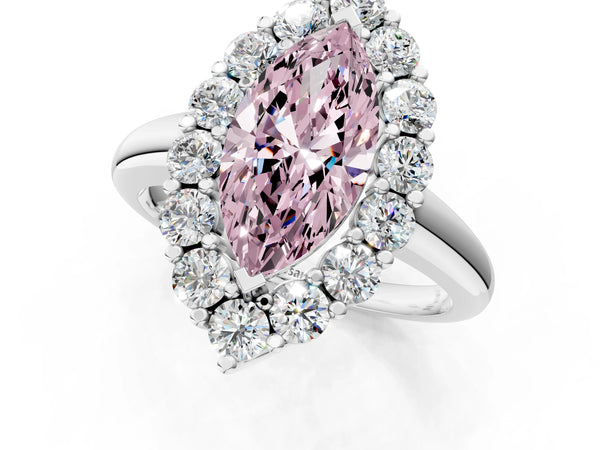 White gold Fancy Pink Marquise  Halo Cluster Diamond Engagement Ring with Prong Setting and Polished Band