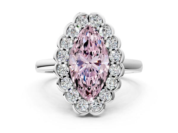 Platinum Fancy Pink Marquise  Halo Cluster Diamond Engagement Ring with Solitaire Band and Prong Setting
