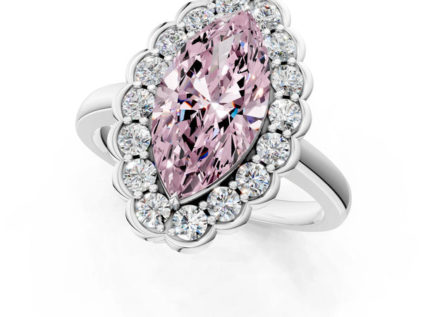 Platinum Fancy Pink Marquise  Halo Cluster Diamond Engagement Ring with Solitaire Band and Prong Setting
