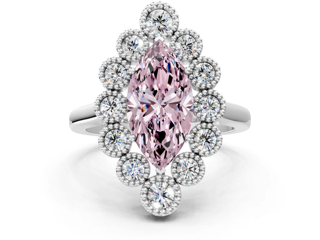 White gold Fancy Pink Marquise  Halo Diamond Cluster Engagement Ring with Milgrain Bezel Setting and Solitaire Band_57